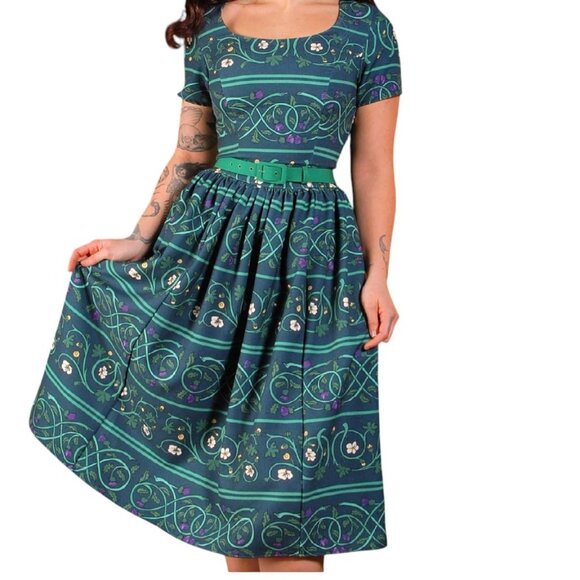 Pinup Girl Clothing The Gena Day Dress In Celtic Unity Print Retro Inspired Fit - Picture 2 of 7